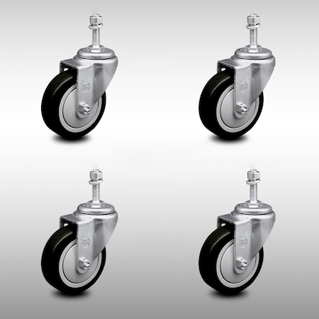 Service Caster 4 Inch SS Black Polyurethane Wheel Swivel 10mm Threaded Stem Caster Set SCC SCC-SSTS20S414-PPUB-BLK-M1015-4